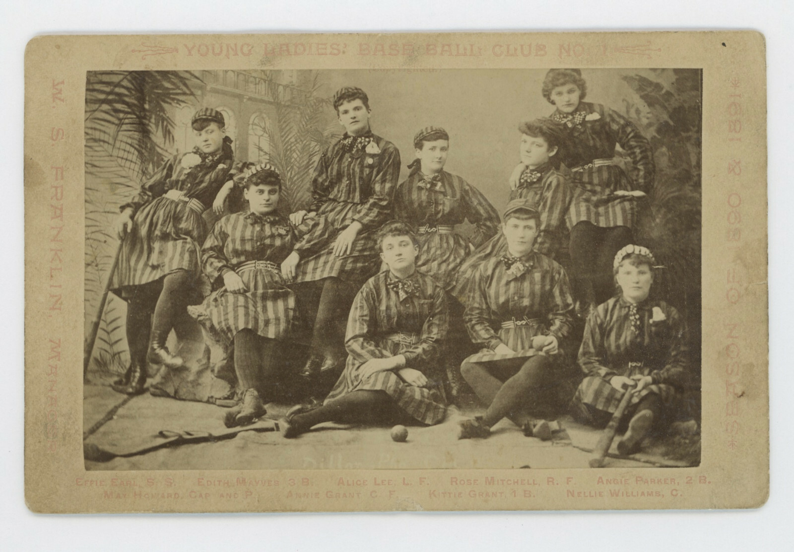 1890-1891 YOUNG LADIES BASEBALL CLUB NO. 1 CABINET PHOTO, STRIPED UNIFORMS