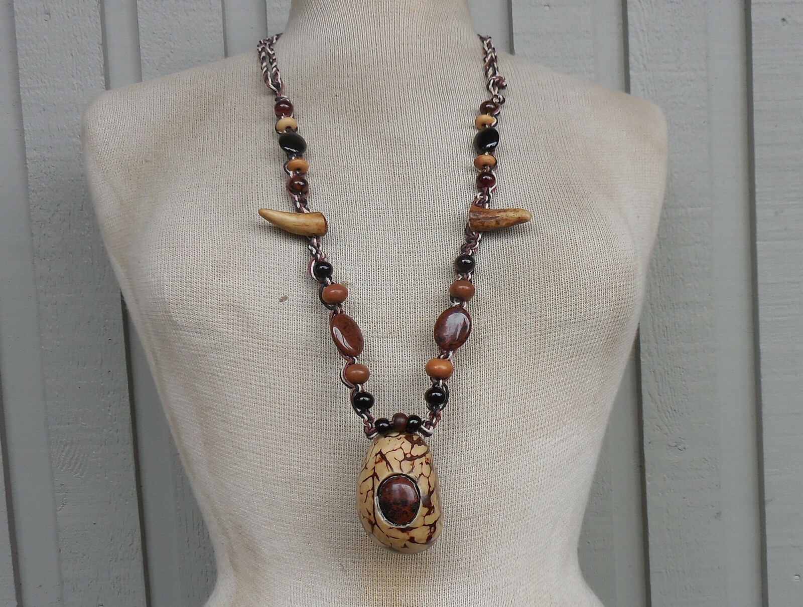 Tagua Secret Pipe Hemp Necklace w Mahogany Obsidian Deer Antler Tips Adjustable Tagua Secret Pipe Hemp Necklace w Mahogany Obsidian Deer Antler Tips Adjustable