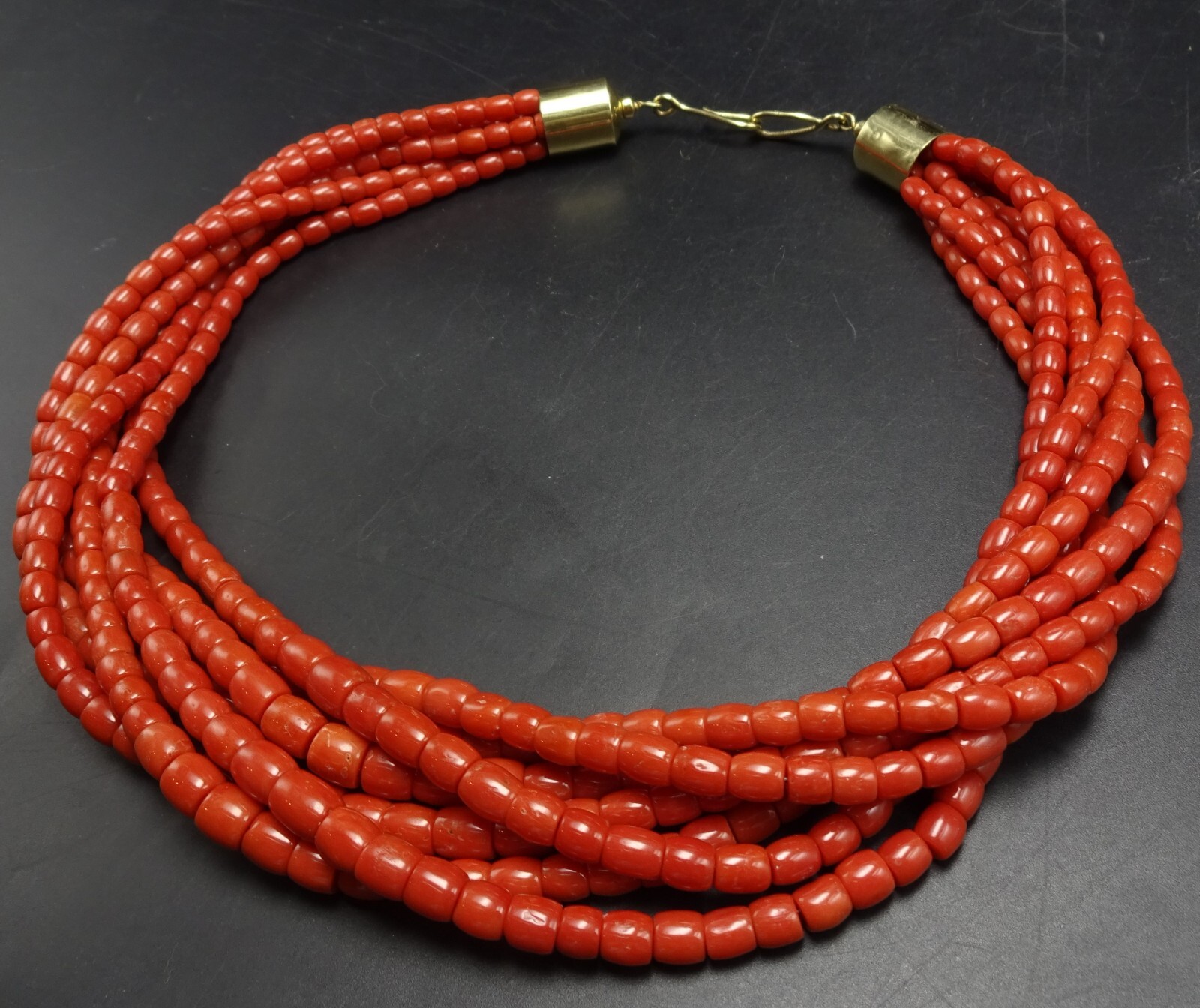Navajo MARK YAZZIE 7-Strand AKA CORAL NECKLACE with 18K GOLD End Caps and Clasp Navajo MARK YAZZIE 7-Strand AKA CORAL NECKLACE with 18K GOLD End Caps and Clasp