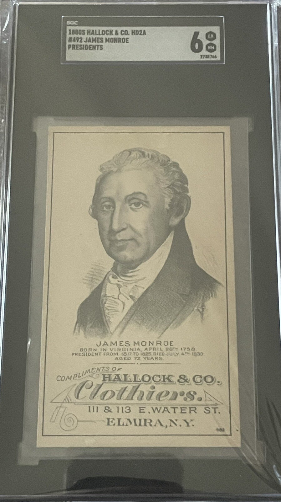 🔥SGC 6 Highest🔥James Monroe Hd2a  1880's USA President Card - Hallock & Co