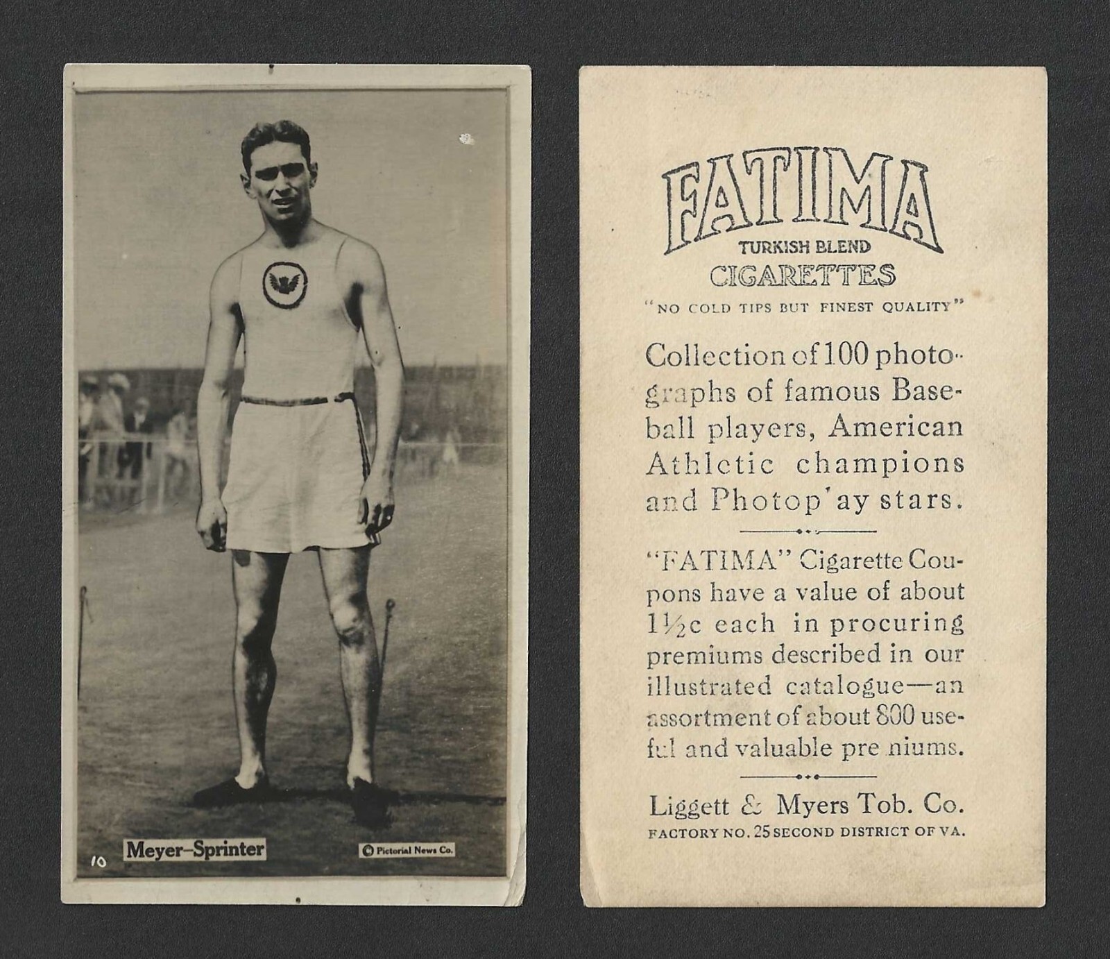 1914 T222 Fatima Cigarettes Tobacco Card - Athletic Champions - Sprinter Meyer 1914 T222 Fatima Cigarettes Tobacco Card - Athletic Champions - Sprinter Meyer