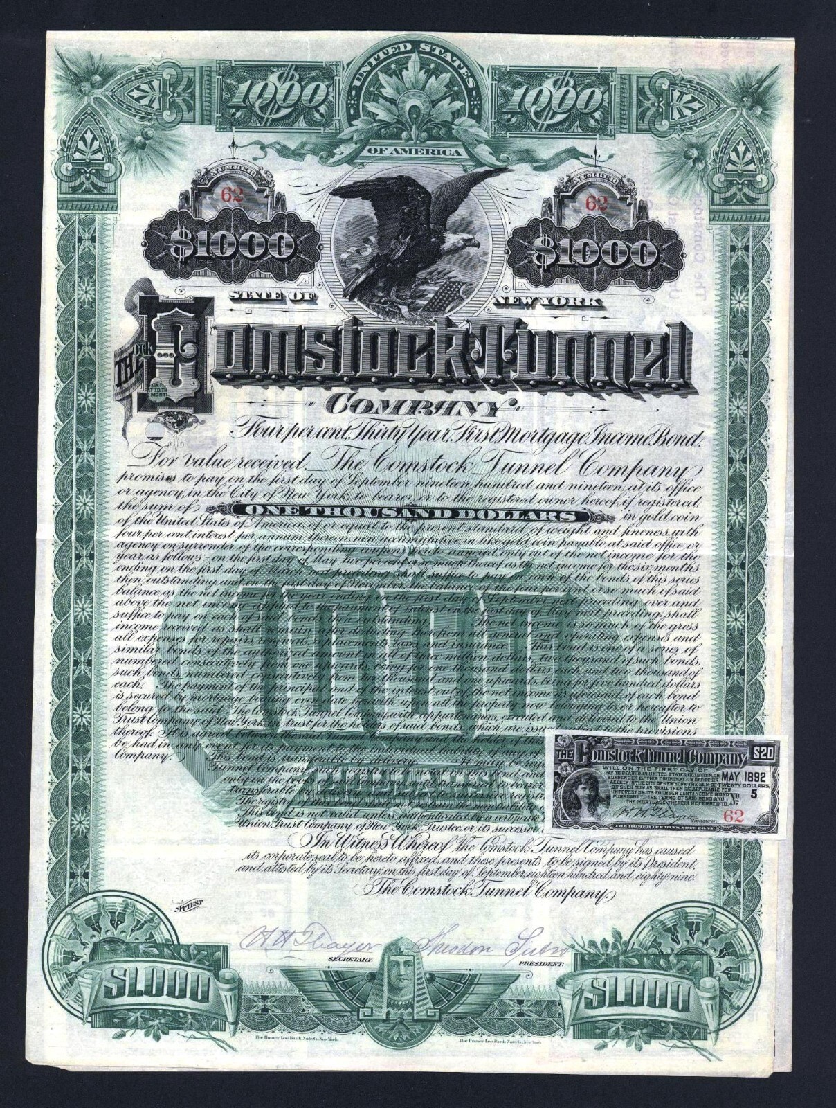 1889 Sutro Comstock Tunnel - Signed by Theodore Sutro - Bond - Stock Certificate 1889 Sutro Comstock Tunnel - Signed by Theodore Sutro - Bond - Stock Certificate
