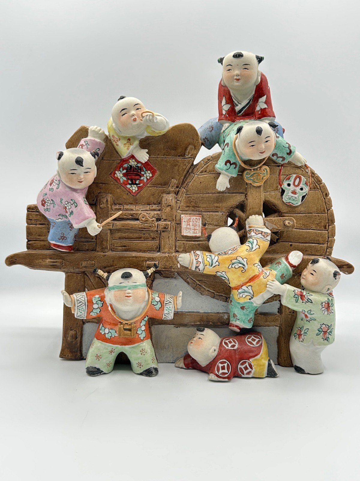 Vintage Chinese Shiwan Pottery Children at Play Figural Group Sculpture 10.25in