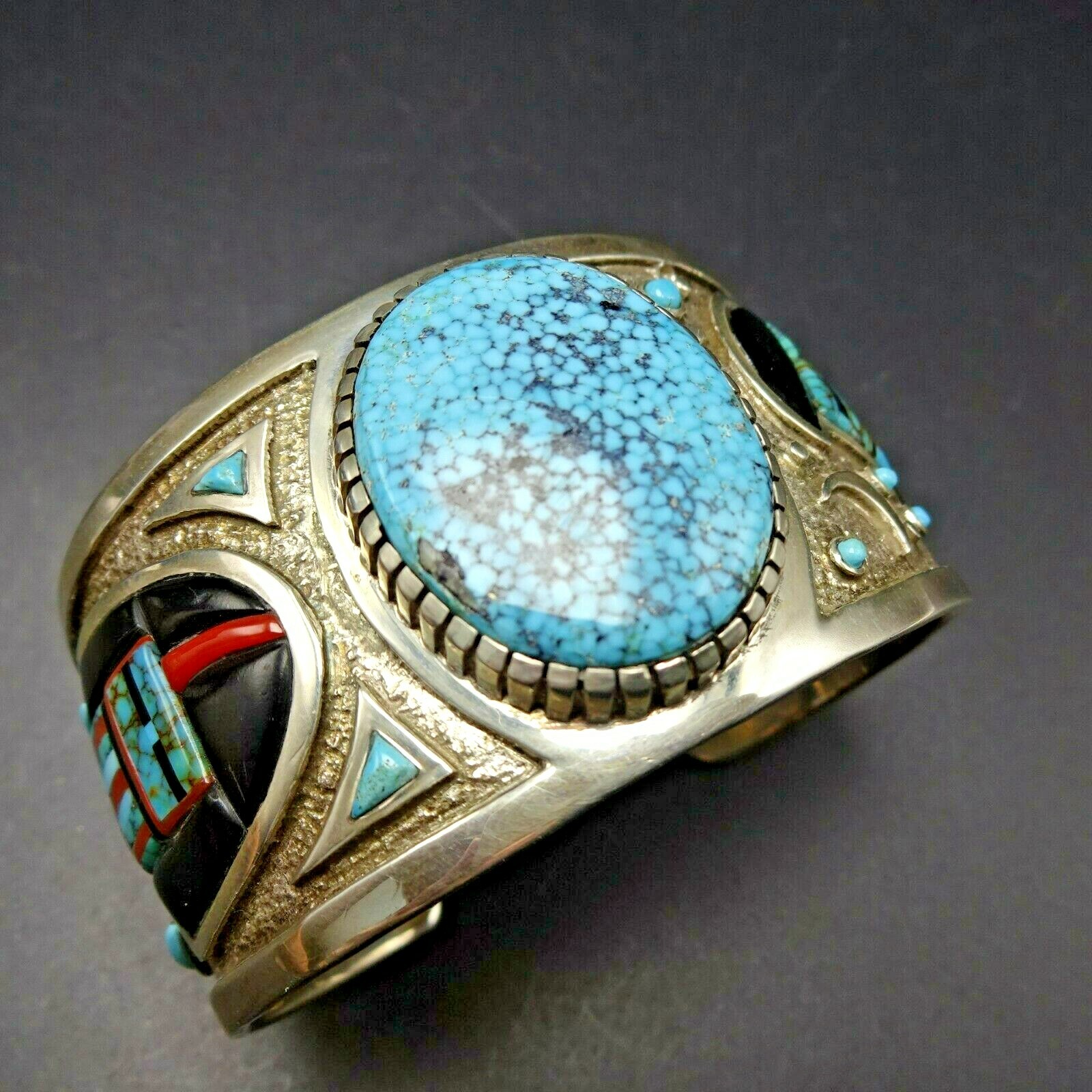 Navajo MICHAEL PERRY Sterling Silver BIRDSEYE TURQUOISE Cuff BRACELET Yei Inlay