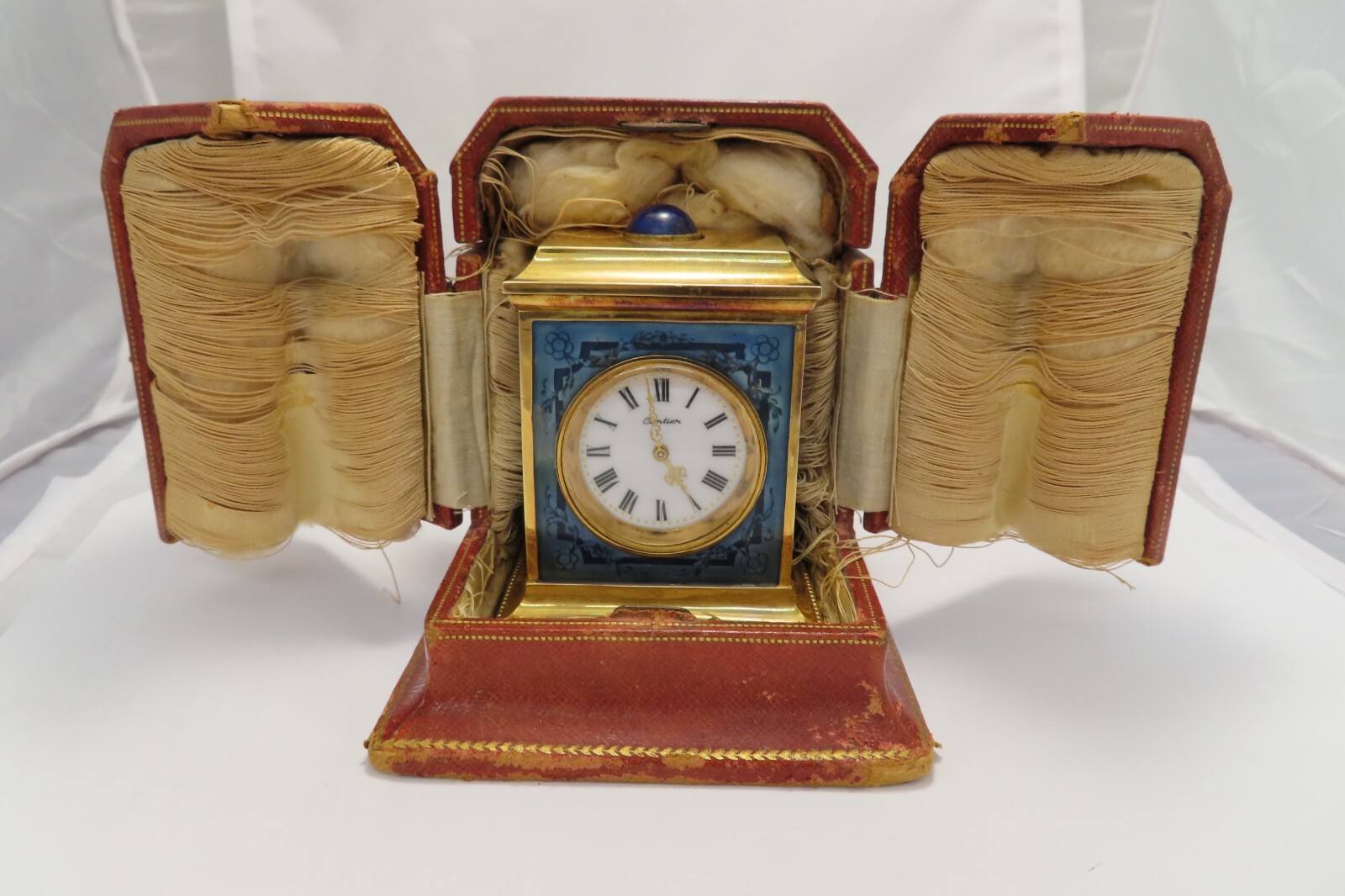CARTIER VINTAGE DESK CLOCK MINUTE REPEATER 18K GOLD WITH BLUE CLOISONNE ENAMEL 
