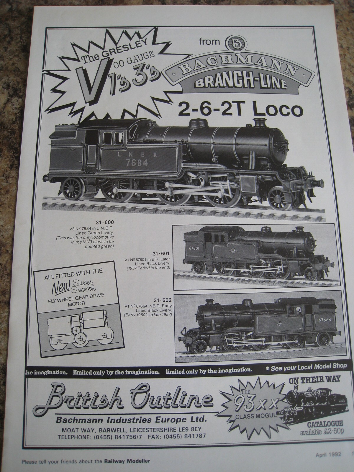 BACHMANN BRANCH-LINE 2-6-2T LOCO BRITISH OUTLINE LEICESTE 1992 ADVERT A4 FILE 47
