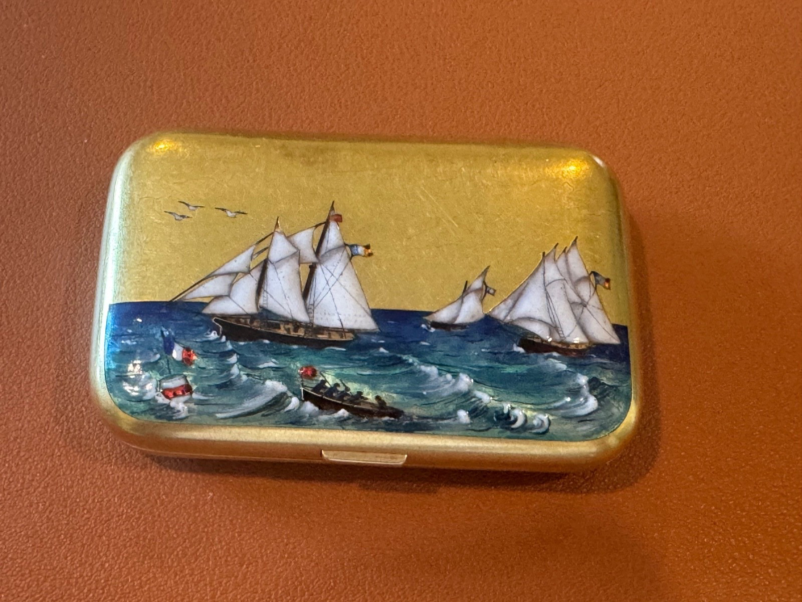 Antique 14k Yellow Gold Cigarette Case w/ Enamel Sailboats & Landscape Interior
