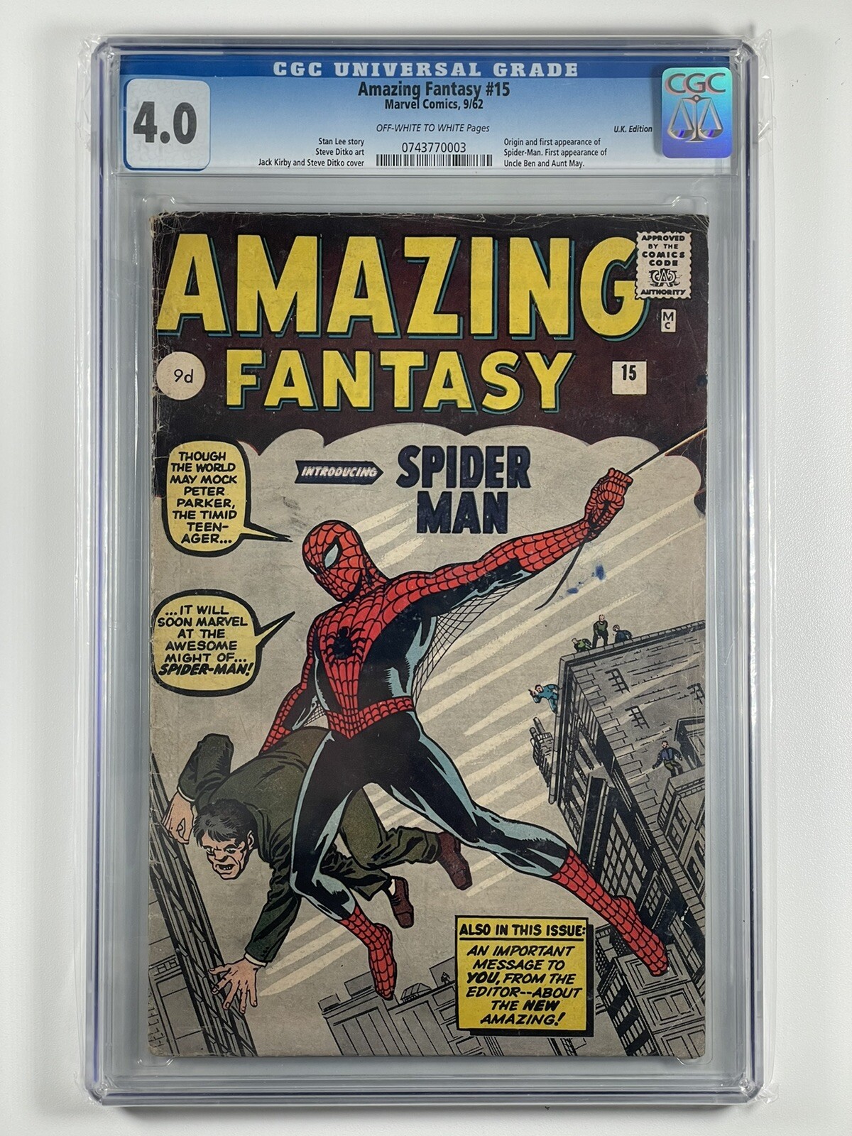 Amazing Fantasy #15 UK Price Variant CGC 4.0 OW/W Old Label 52 on Census CBCS Amazing Fantasy #15 UK Price Variant CGC 4.0 OW/W Old Label 52 on Census CBCS