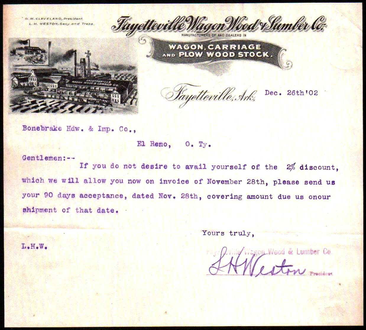 Fayetteville Wagon Wood & Lumber Co - 1902 Arkansas - History Letter Head Bill Fayetteville Wagon Wood & Lumber Co - 1902 Arkansas - History Letter Head Bill