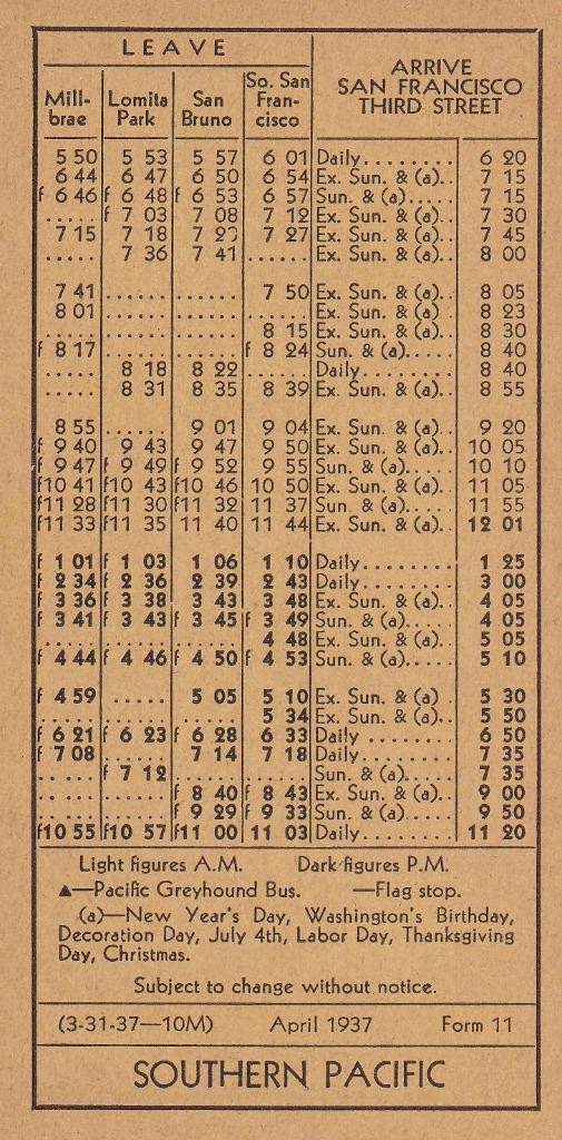 1937 SP Southern Pacific Railroad schedule card - San Francisco-Millbrae 1937 SP Southern Pacific Railroad schedule card - San Francisco-Millbrae