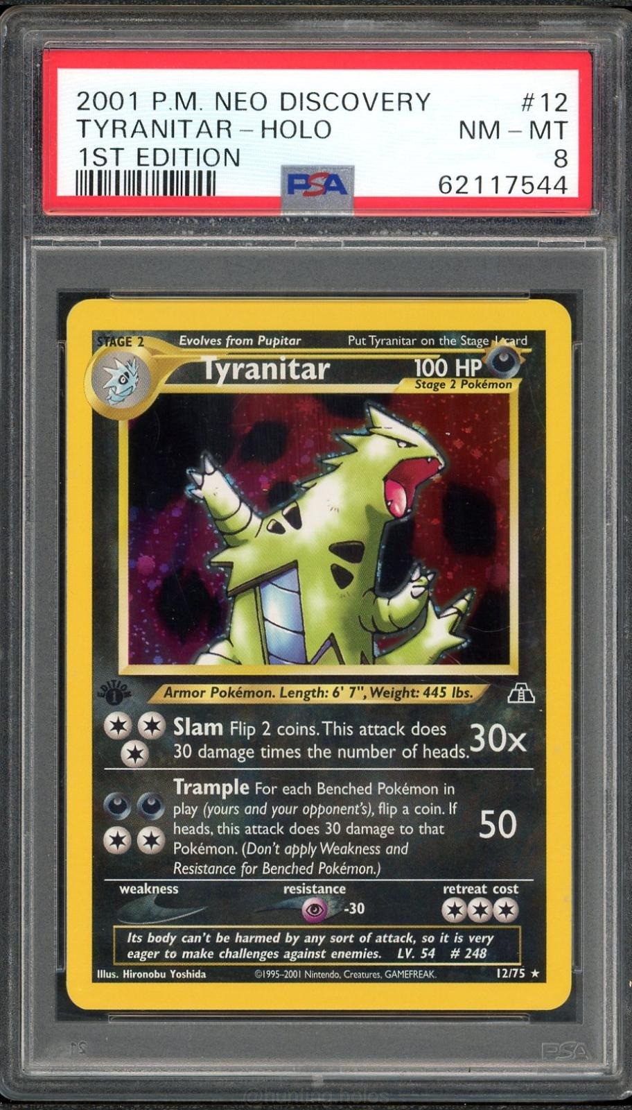 Tyranitar Holo 12/75 PSA 8 1st Edition Neo Discovery Pokemon - Mark On Slab Tyranitar Holo 12/75 PSA 8 1st Edition Neo Discovery Pokemon - Mark On Slab