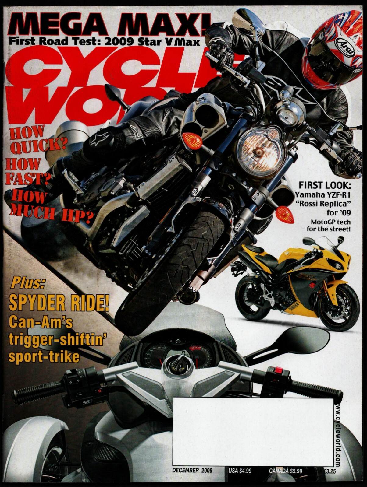 DECEMBER 2008 CYCLE WORLD MAGAZINE, STAR V-MAX, YAMAHA YZF-R1 ROSSI REPLICA DECEMBER 2008 CYCLE WORLD MAGAZINE, STAR V-MAX, YAMAHA YZF-R1 ROSSI REPLICA