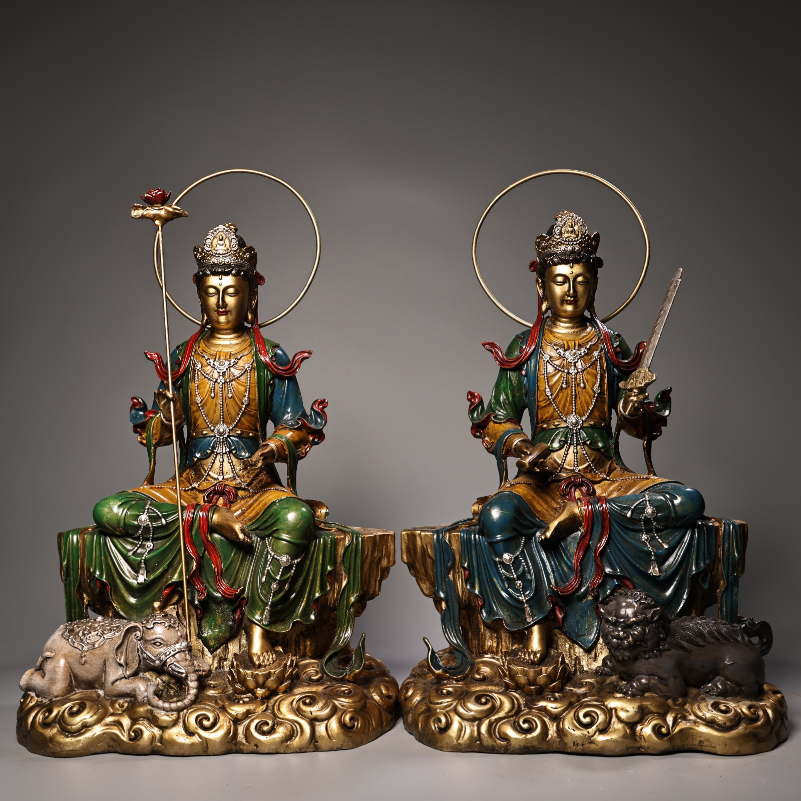 Tibet Old Bronze Copper Painting Manjushri Samantabhadra Kwan-Yin Buddha Statue