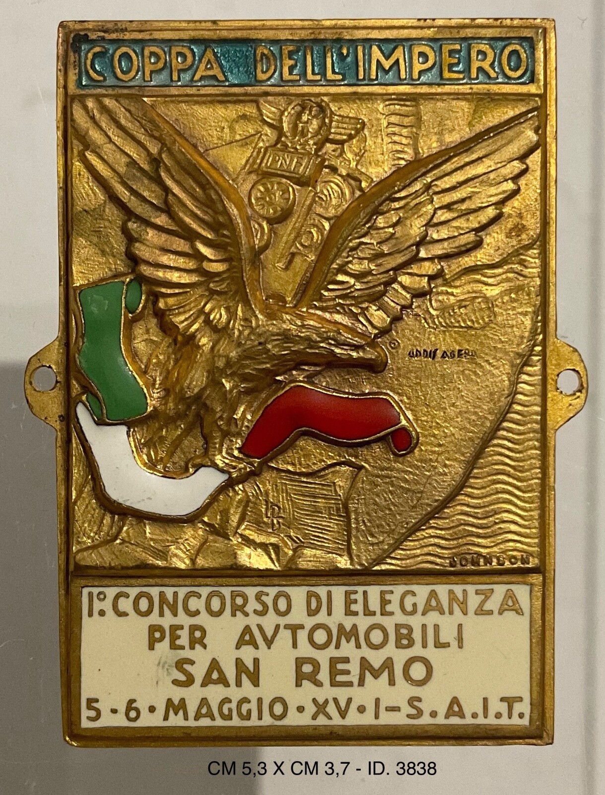 SAN REMO 1ST COMPETITION OF ELEGANCE FOR CARS RADIATOR PLATE CAR 1937 SAN REMO 1ST COMPETITION OF ELEGANCE FOR CARS RADIATOR PLATE CAR 1937