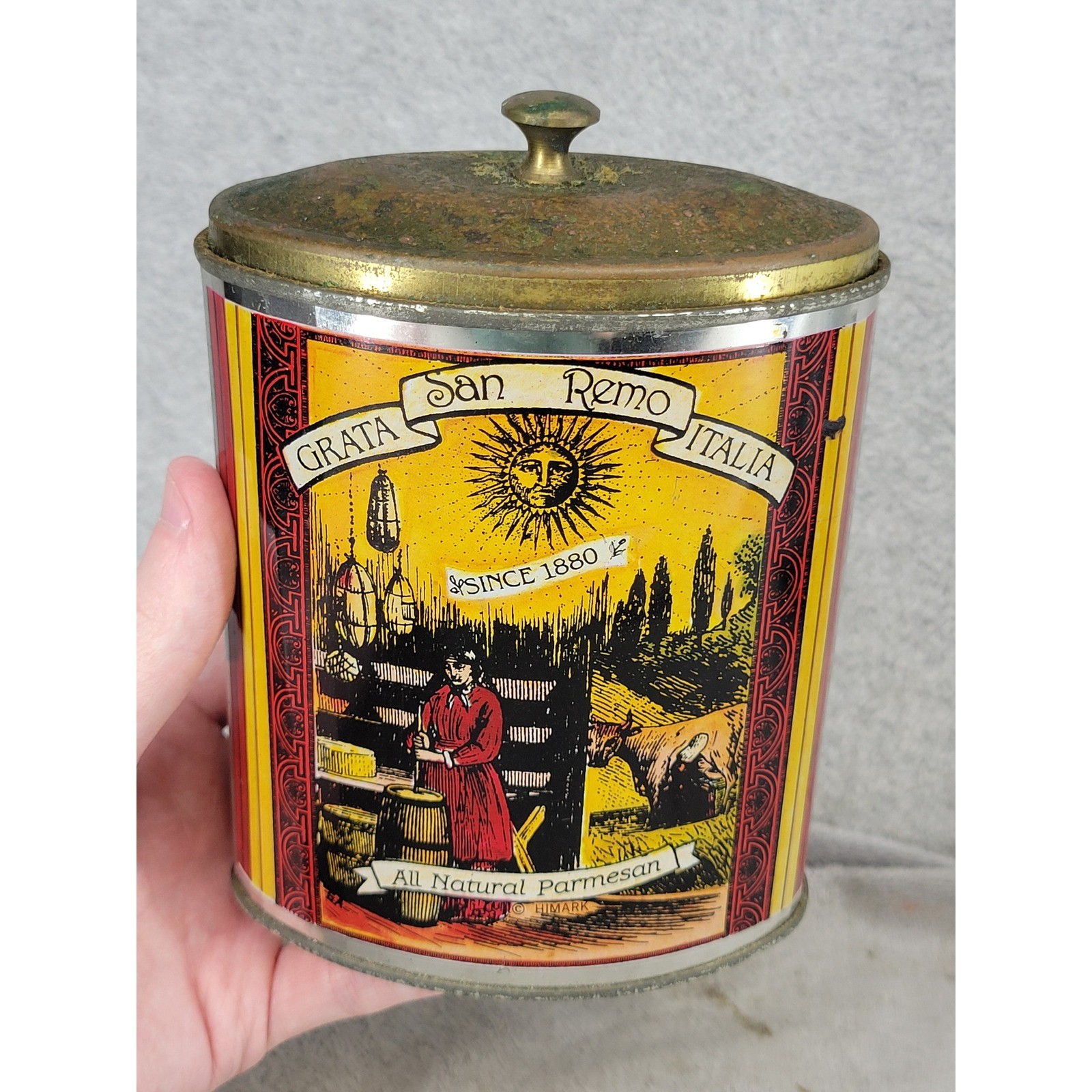 Vintage Himark San Remo Italia All Natural Parmesan Cheese Tin Canister 5\ Vintage Himark San Remo Italia All Natural Parmesan Cheese Tin Canister 5\