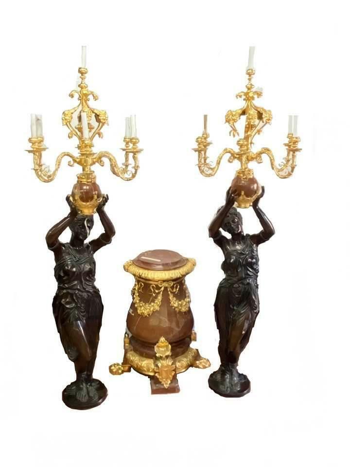 20th Century Big Pair of Bronze French Women Statue Red Marble Gilt Candelabras 20th Century Big Pair of Bronze French Women Statue Red Marble Gilt Candelabras