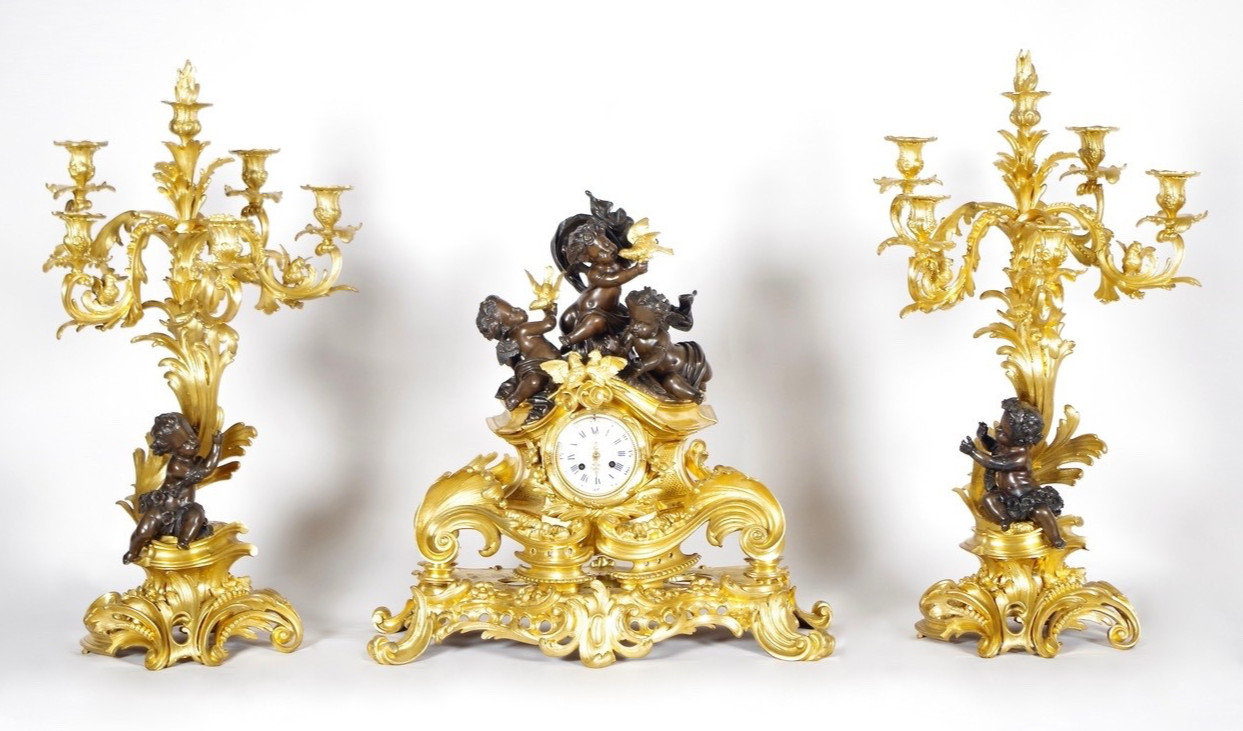 Louis XV gilt bronze mantelpiece set, signed Victor Paillard