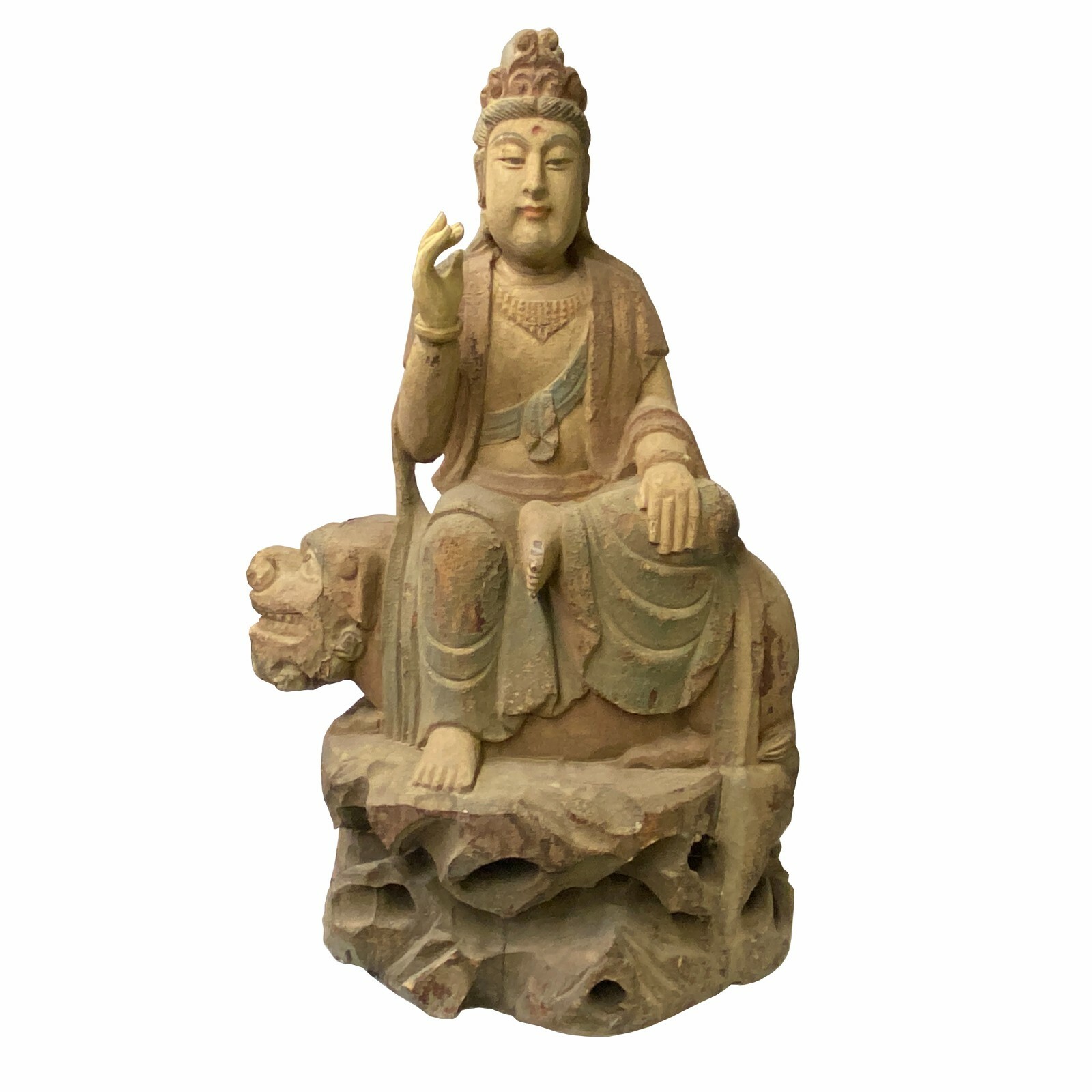 Chinese Rustic Wood Sitting Guan Yin on Lion Manjushri Statue ws1525