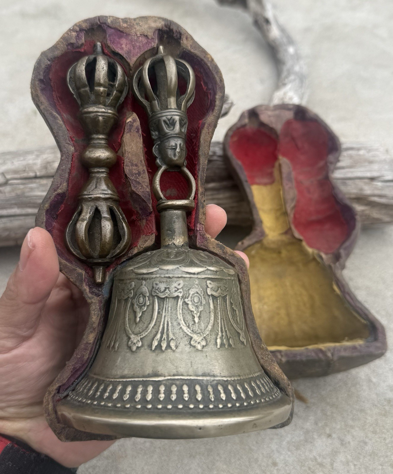 Tibetan Buddhist Antique Bell and Dorje Ritual Set with Original Case