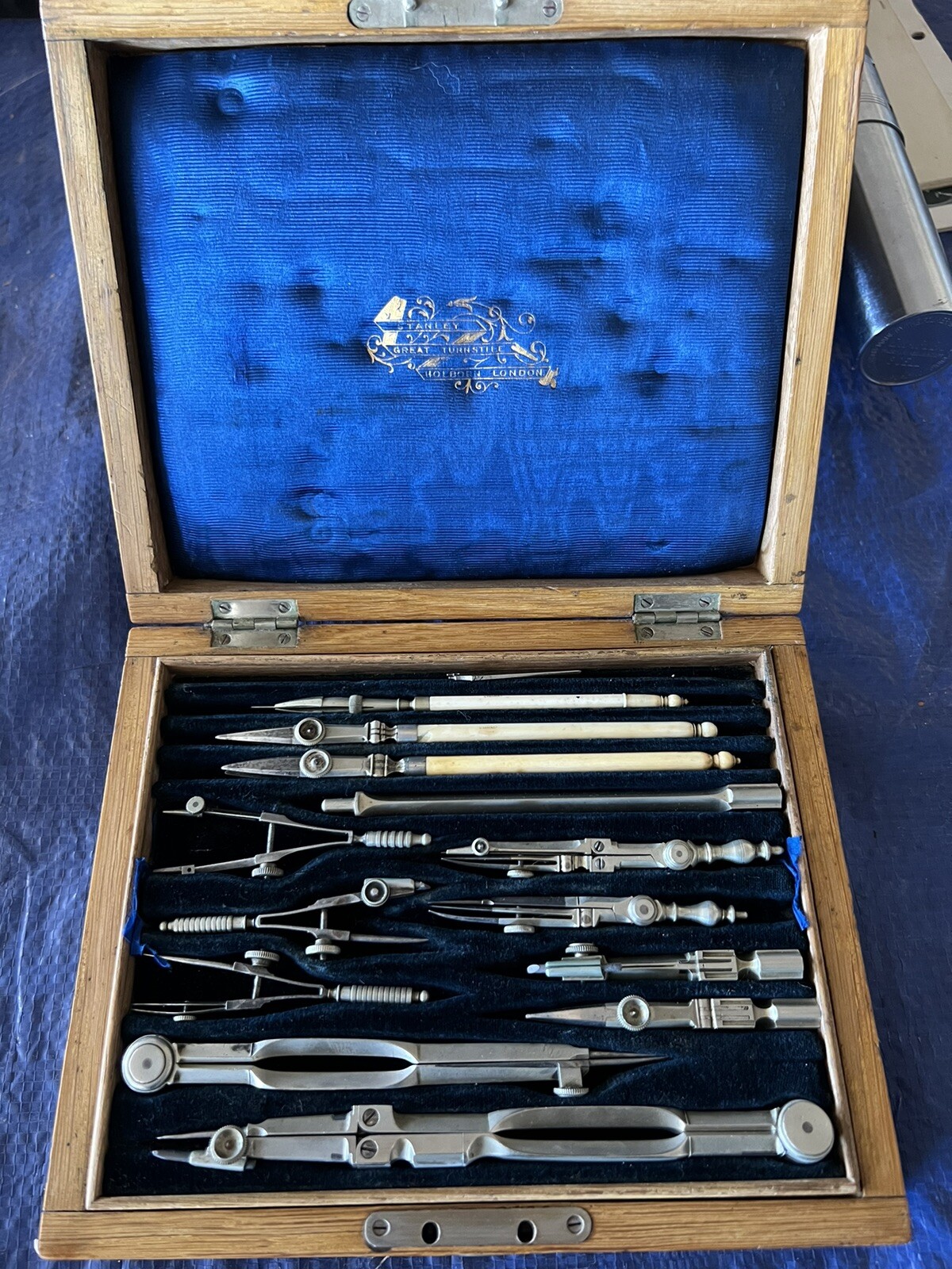 Antique Stanley Turnstile Drawing Instruments Drafting Set H.R. Larkins 1898
